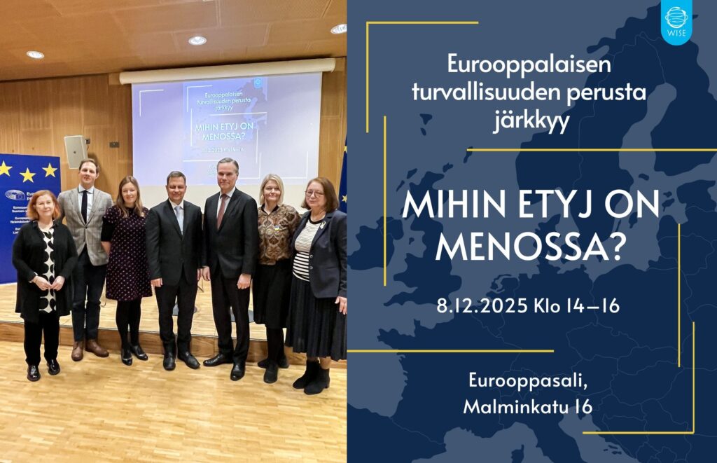 Photo of the speakers at the event on the left, event graphics on the right